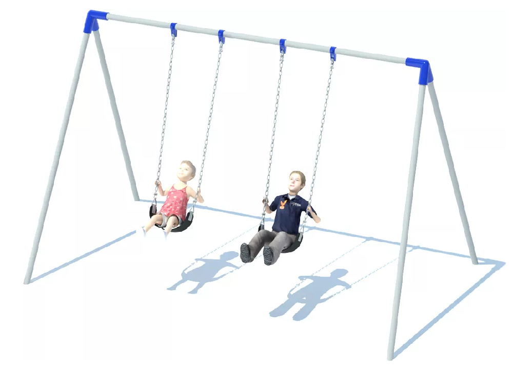 Commercial bipod swing set frame with two belt swings commonly installed in parks, schools, churches, and community playgrounds.